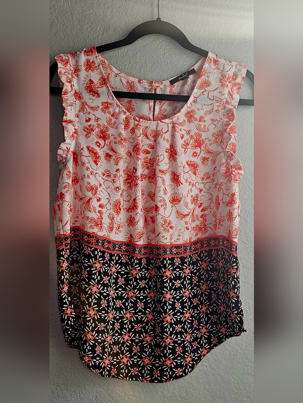 Papaya Mixed Floral Blouse Womens Medium Sleeveless Ruffle Boho Coral Black Top